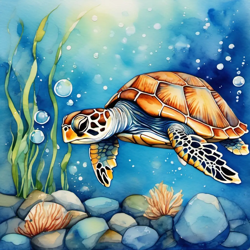 Baby turtle with a small shell and friendly eyes solving Small fish with shimmering blue scales's riddle near the air bubbles, revealing Small fish with shimmering blue scales's hiding spot.