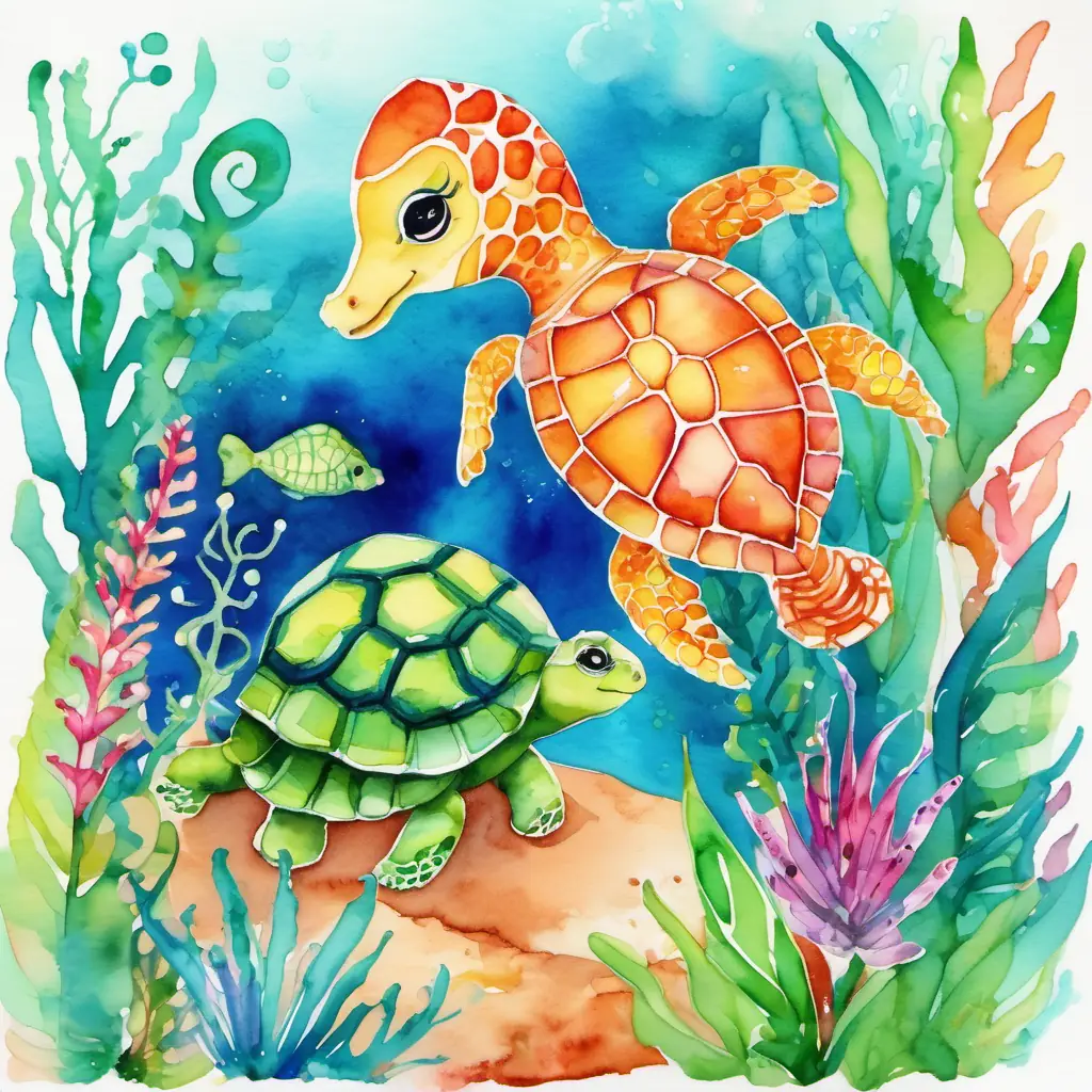 Baby turtle with a small shell and friendly eyes and Seahorse with vibrant green stripes, the seahorse, engaging in conversation amidst colorful plants in the deep ocean.