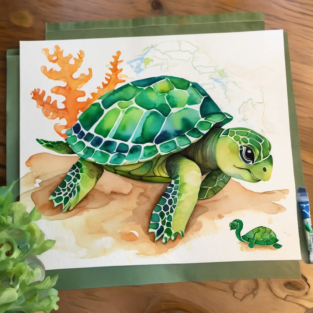 Baby turtle with a small shell and friendly eyes solving Seahorse with vibrant green stripes's riddle, with a map in the background, representing the finish line.