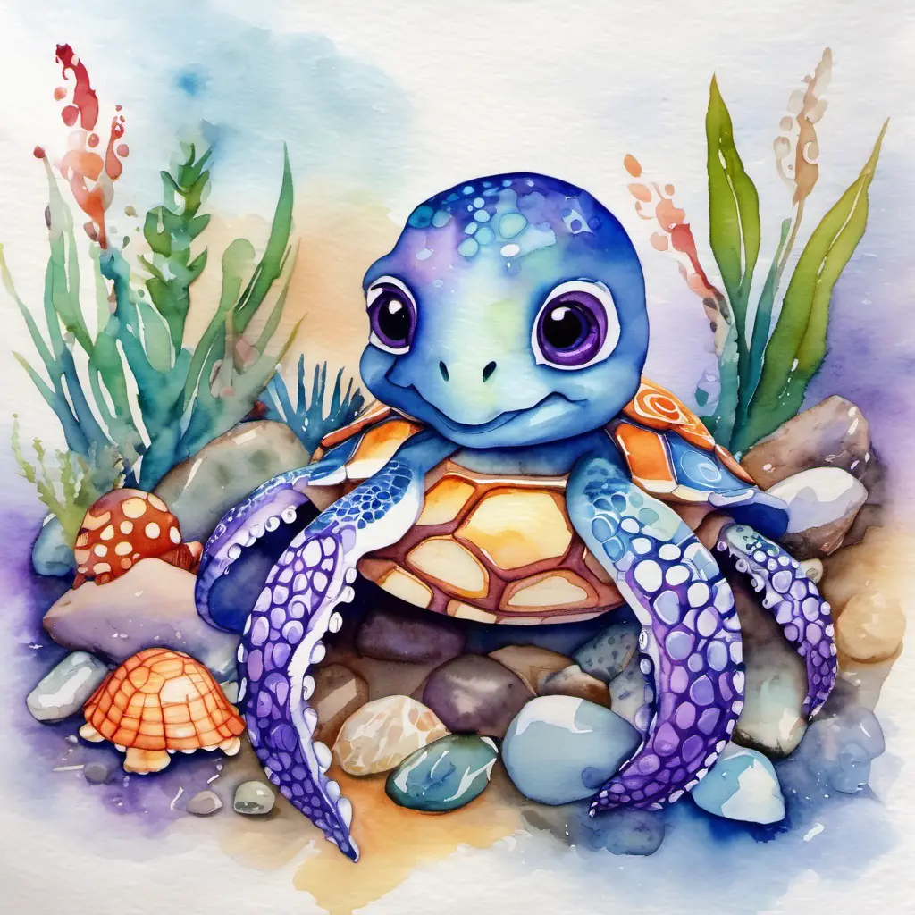 Baby turtle with a small shell and friendly eyes and Octopus with shimmering purple skin, the octopus, conversing near a rocky sea bed covered in colorful shells and plants.
