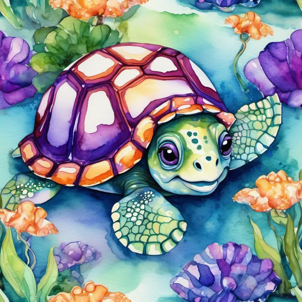 Baby turtle with a small shell and friendly eyes solving Octopus with shimmering purple skin's riddle, showcasing Octopus with shimmering purple skin's improved camouflage skills near the colorful shells and plants.