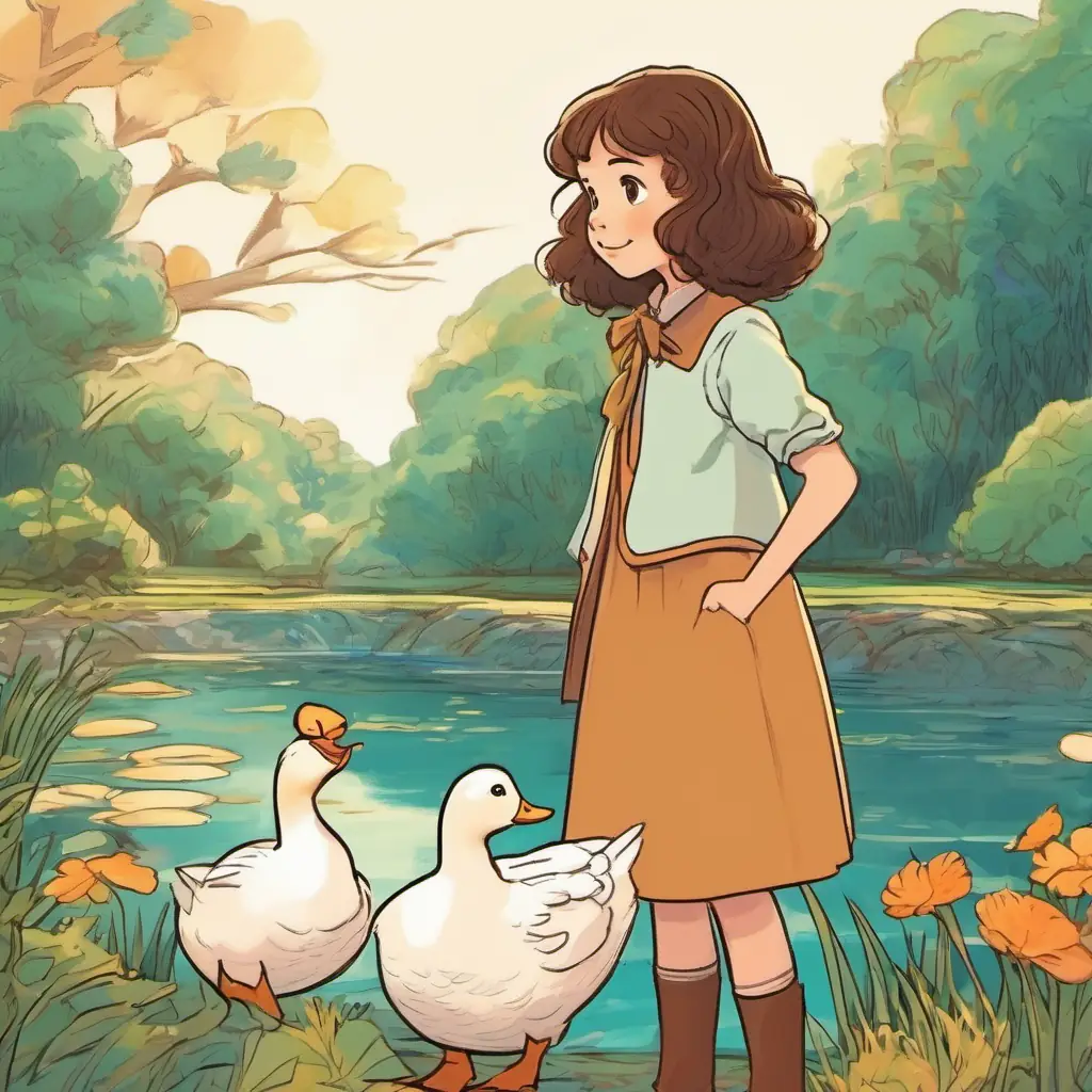 Girl with dark blonde frizzy hair, brown eyes, smart and kind answers correctly; a new duck appears.
