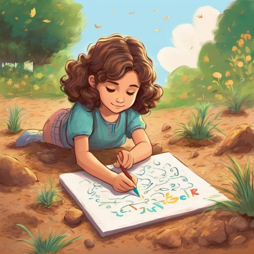 Girl with dark blonde frizzy hair, brown eyes, smart and kind writing her name in the dirt, practicing letters.