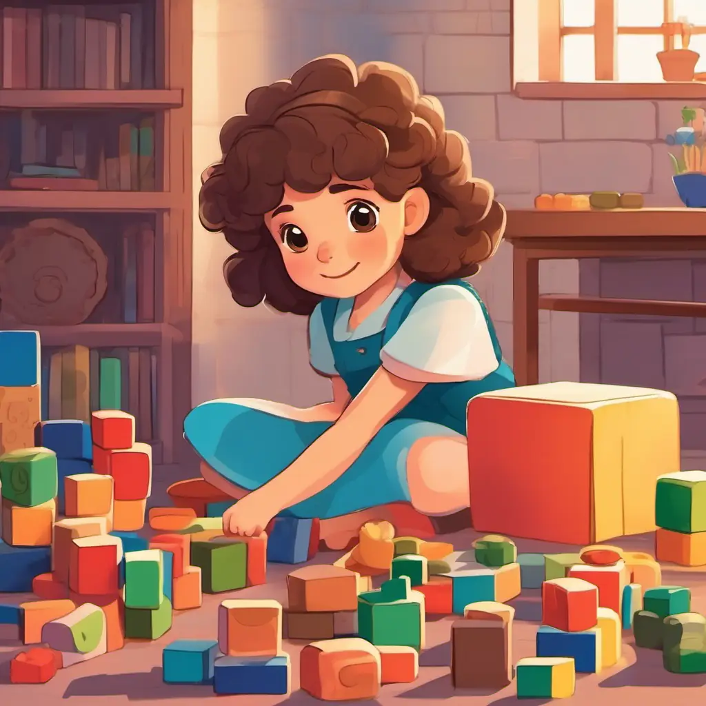 Girl with dark blonde frizzy hair, brown eyes, smart and kind's mother inviting her to play and learn with blocks.