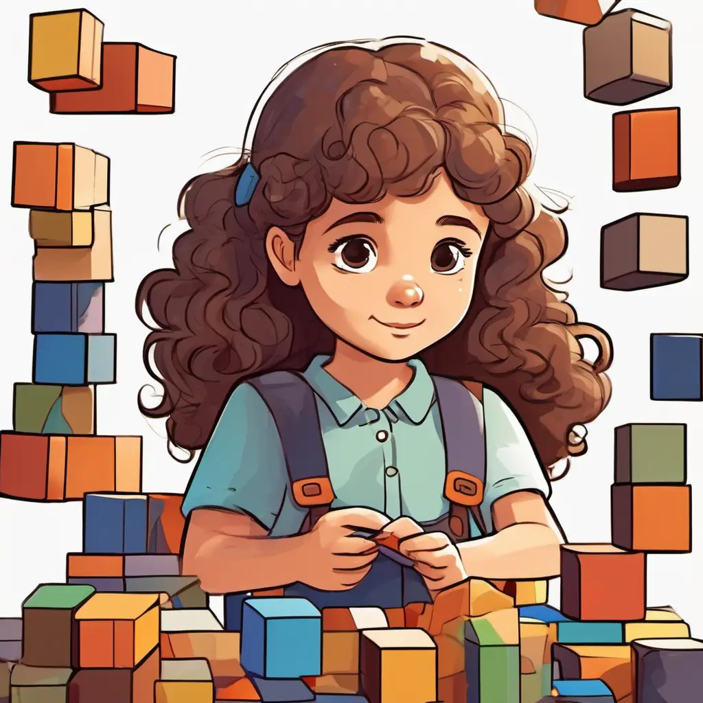 Girl with dark blonde frizzy hair, brown eyes, smart and kind solving a simple addition problem with blocks.