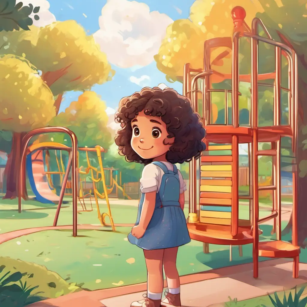 Girl with dark blonde frizzy hair, brown eyes, smart and kind recognizing shapes in playground equipment.