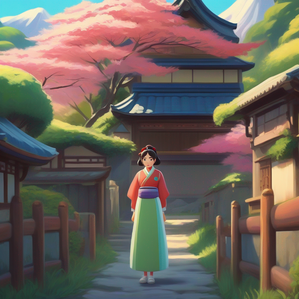 A courageous princess stands in a beautiful Japanese village.