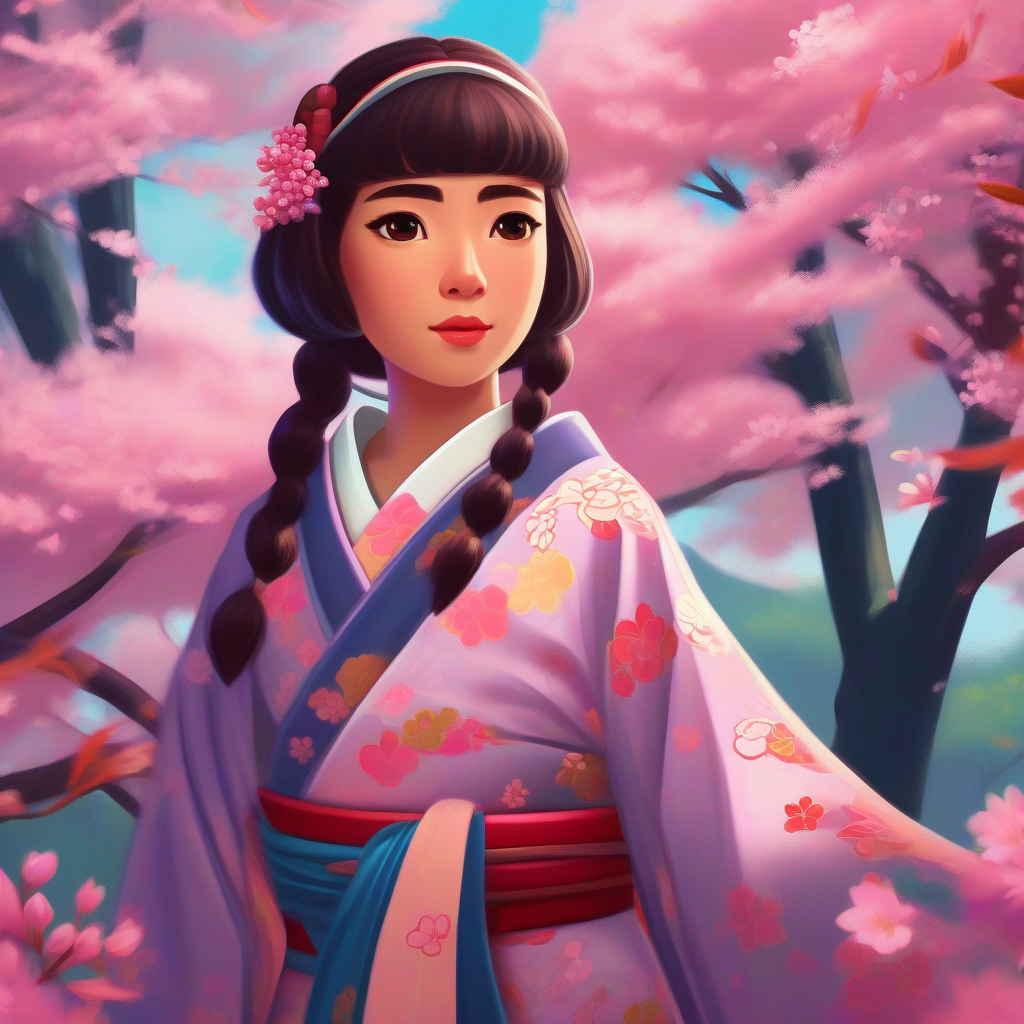 A courageous princess in a kimono, adorned with cherry blossom accents. bravely treads through the dangerous wilderness.