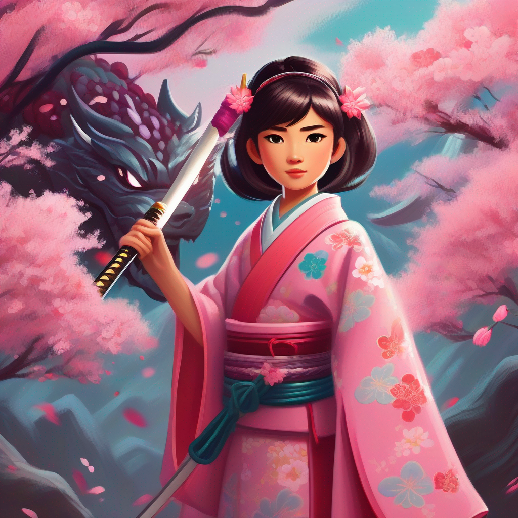 A courageous princess in a kimono, adorned with cherry blossom accents. fights against the ferocious dragon using her katana.
