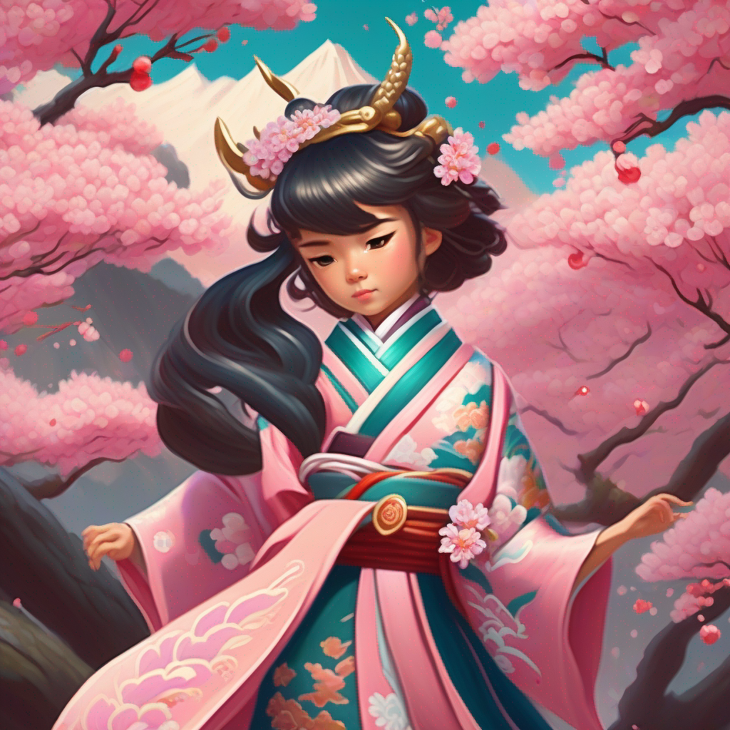 A courageous princess in a kimono, adorned with cherry blossom accents. bravely strikes the dragon's weak spot and defeats it.