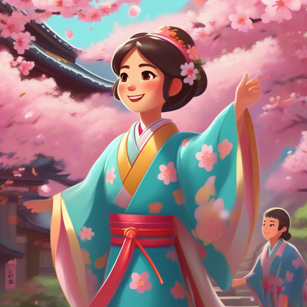 Joyful villagers express their gratitude towards A courageous princess in a kimono, adorned with cherry blossom accents.'s bravery.