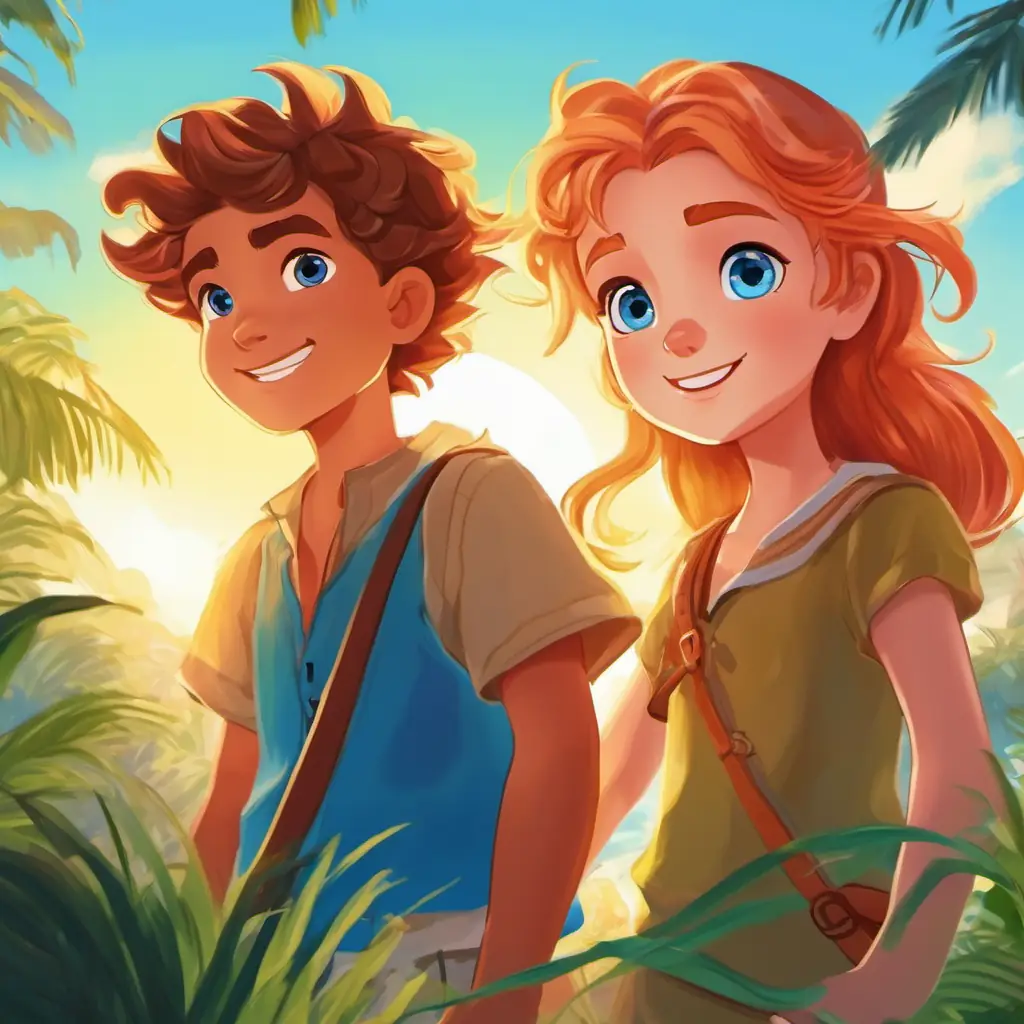 Intro to the story, introducing characters Lively boy with bright blue eyes and sun-kissed hair and Playful girl with bright blue eyes and sun-kissed hair, and setting in Fiji.