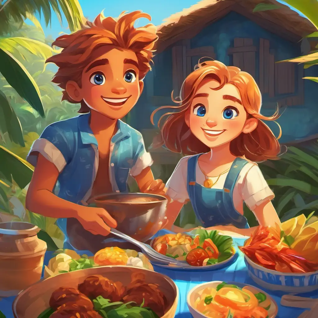 Lively boy with bright blue eyes and sun-kissed hair and Playful girl with bright blue eyes and sun-kissed hair enjoying delicious Fiji food and learning the local language with warmth and happiness.