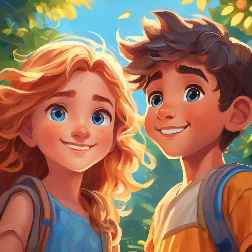 Lively boy with bright blue eyes and sun-kissed hair and Playful girl with bright blue eyes and sun-kissed hair growing up, valuing friendships and learning important life lessons.