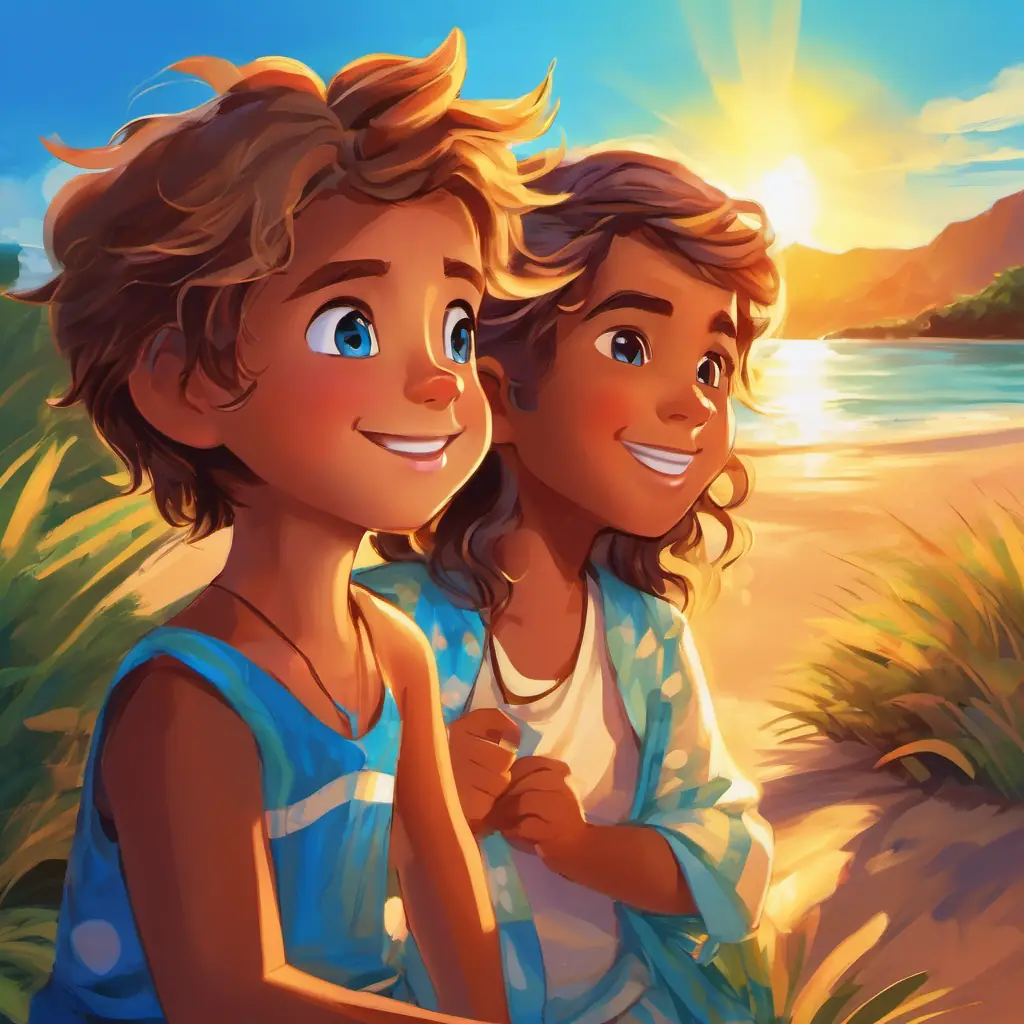 Lively boy with bright blue eyes and sun-kissed hair and Playful girl with bright blue eyes and sun-kissed hair reflecting on their time in Fiji, holding dear memories and a promise for the future.