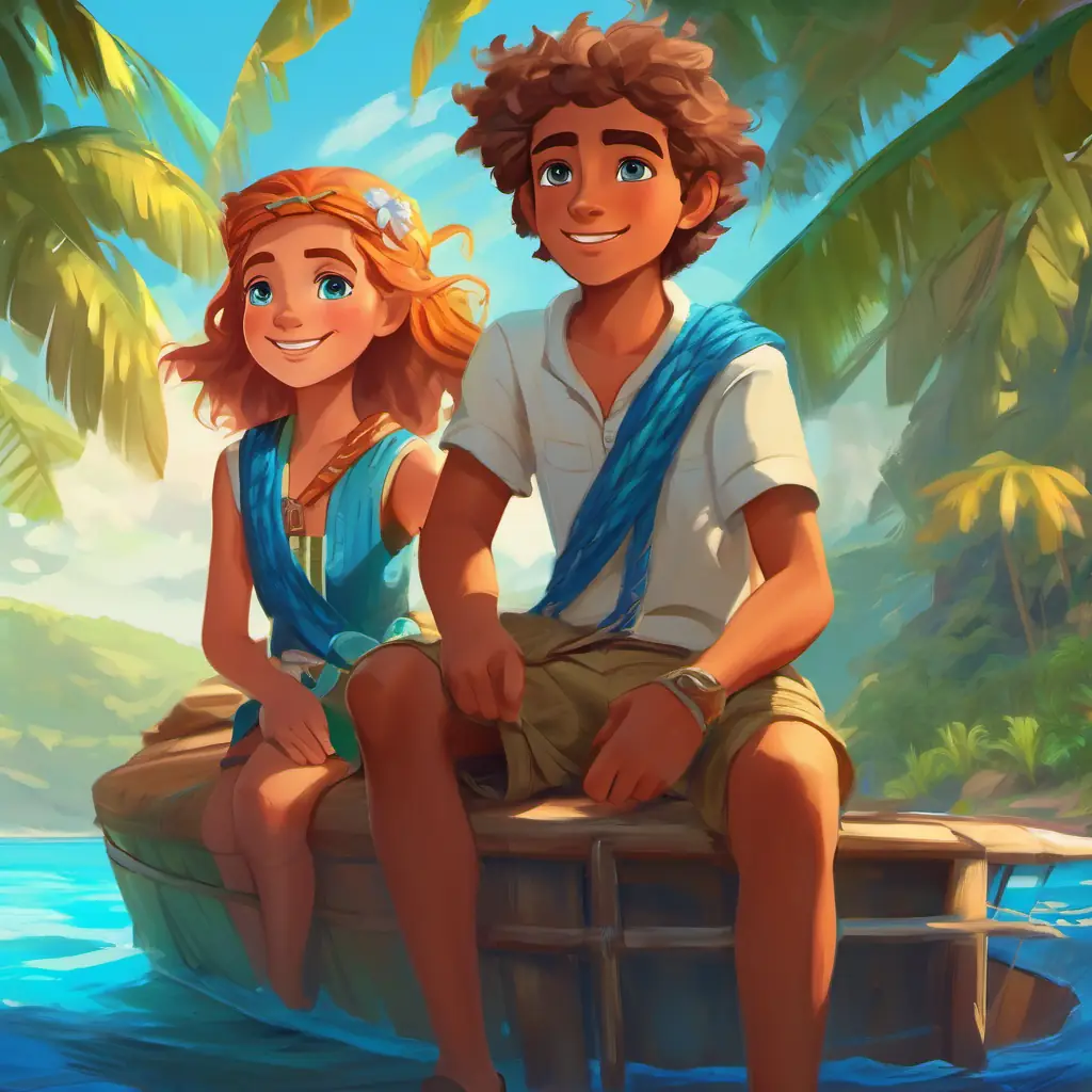 Conclusion of the story, highlighting the lasting impact of their Fiji adventure on Lively boy with bright blue eyes and sun-kissed hair and Playful girl with bright blue eyes and sun-kissed hair.