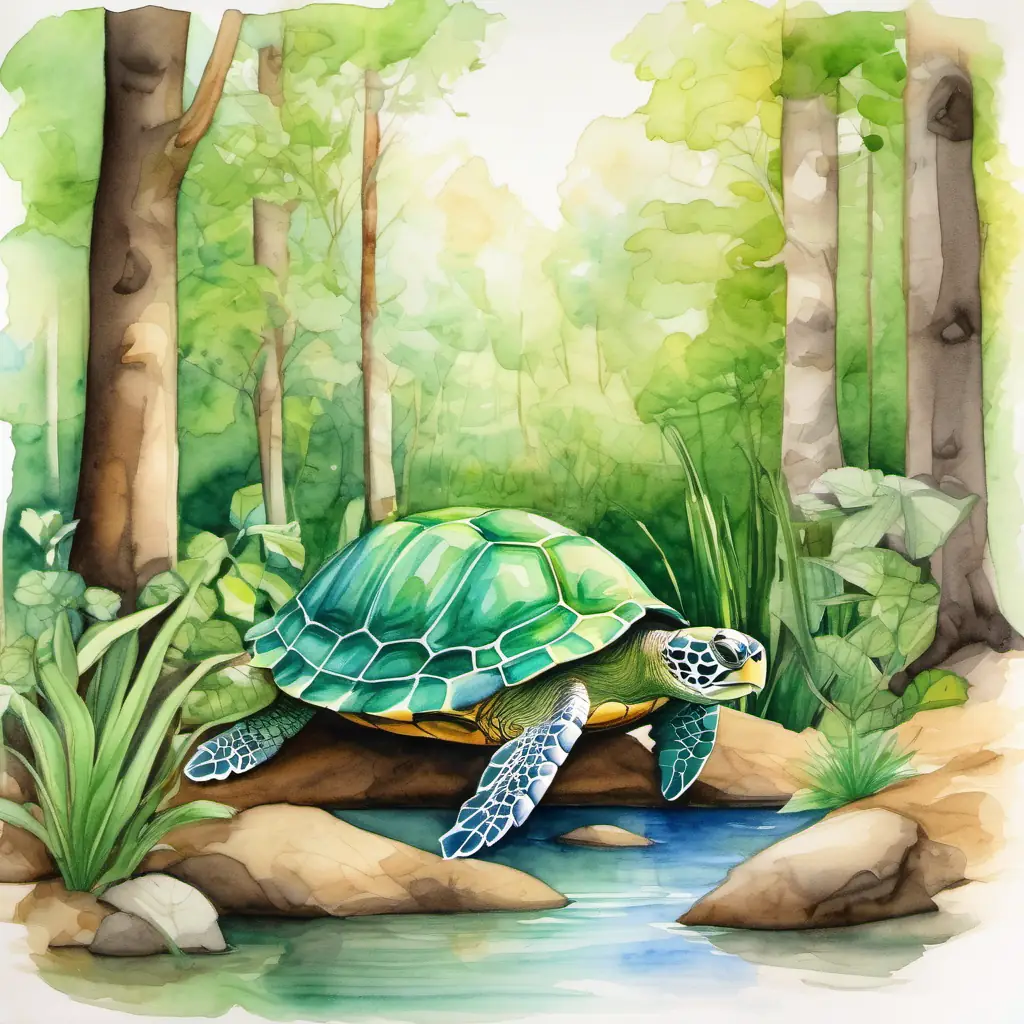 A beautiful forest with a turtle named A green turtle with a friendly smile and a rabbit named A white rabbit with floppy ears.