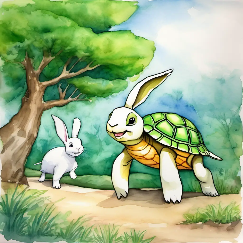 A green turtle with a friendly smile and A white rabbit with floppy ears standing next to each other, ready for a race, with a big tree in the distance.