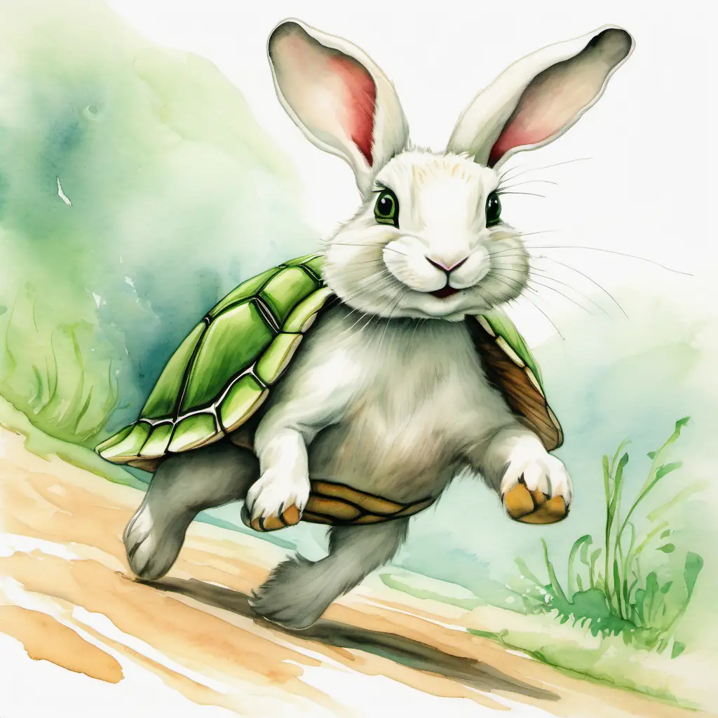 A white rabbit with floppy ears running fast with A green turtle with a friendly smile struggling to keep up.