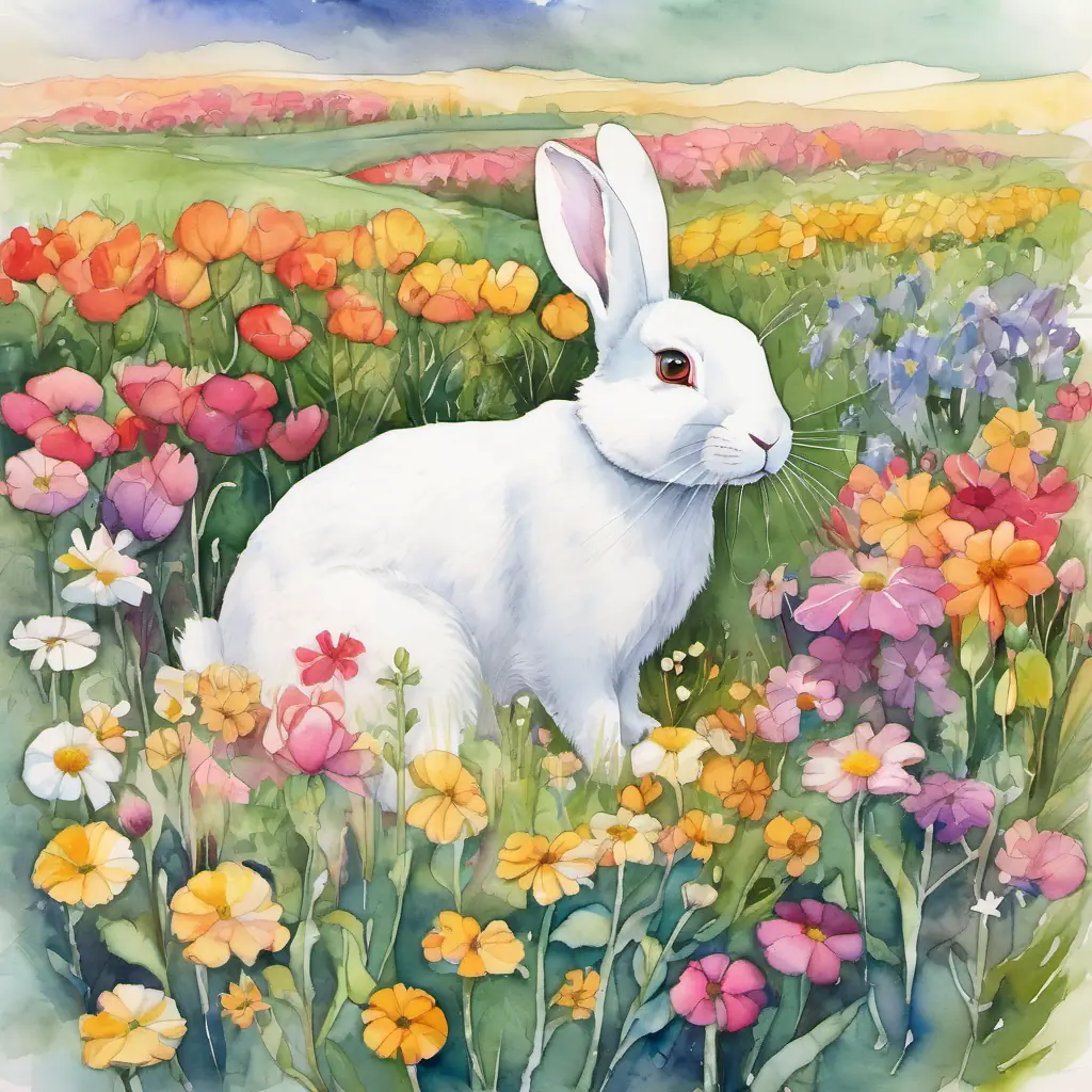 A white rabbit with floppy ears stopping near a field of colorful flowers, happily smelling them.