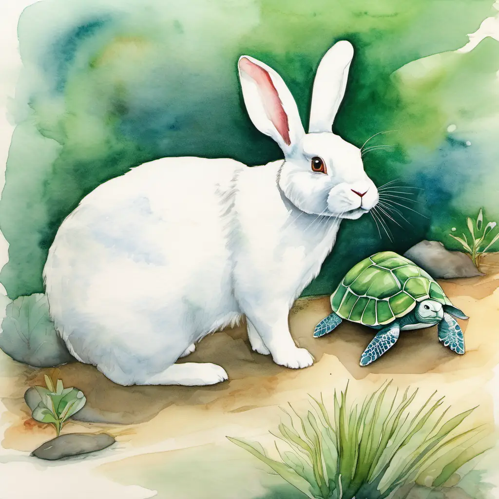 A white rabbit with floppy ears looking back in surprise, seeing A green turtle with a friendly smile not too far behind.