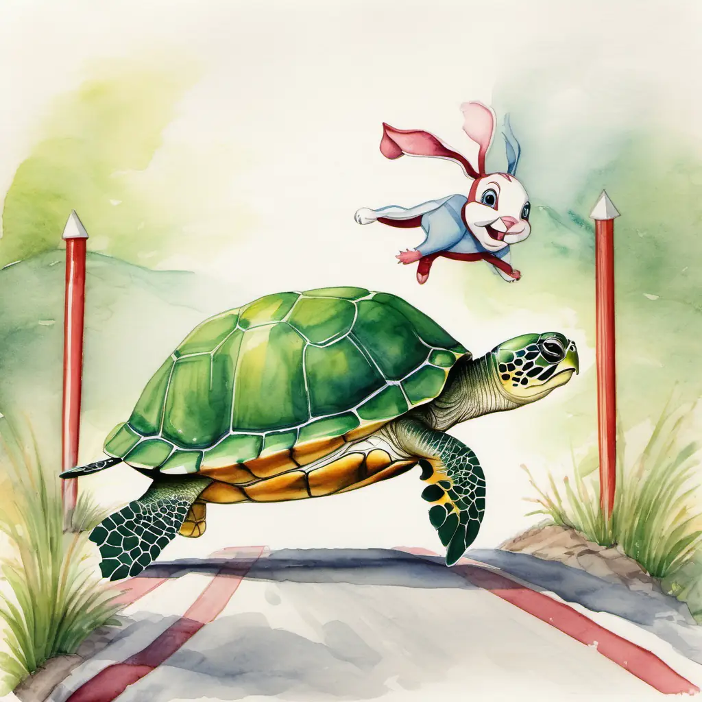 A green turtle with a friendly smile crossing the finish line while A white rabbit with floppy ears runs towards it, but is still far away.