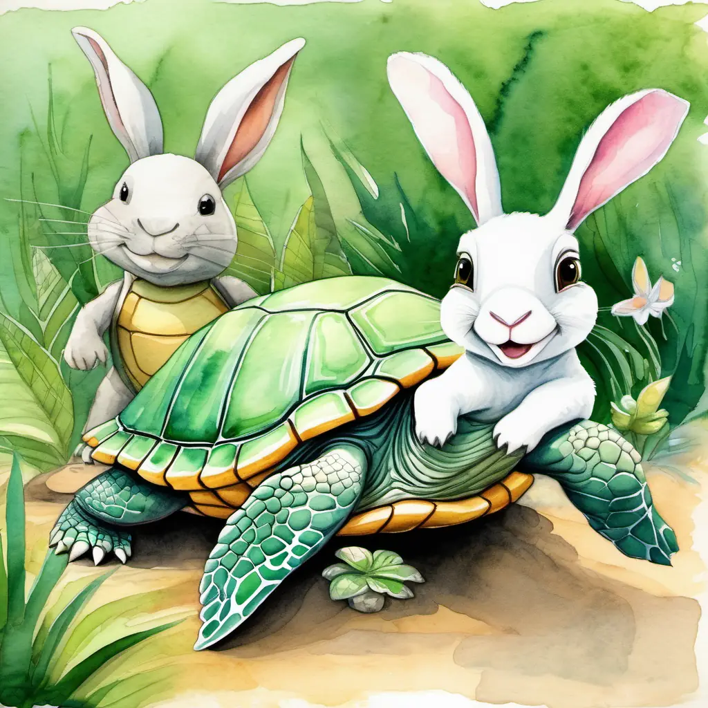 A green turtle with a friendly smile celebrating their victory, while A white rabbit with floppy ears looks a bit disappointed.