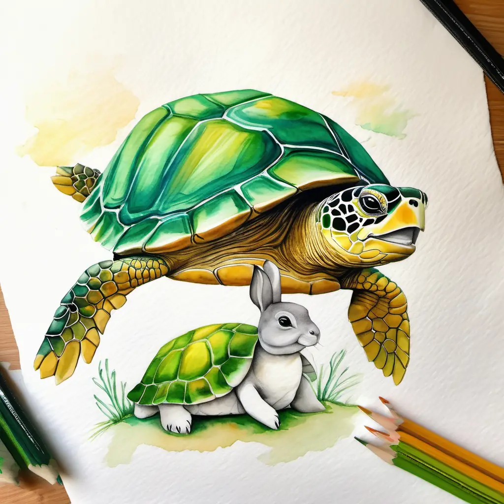 A green turtle with a friendly smile and A white rabbit with floppy ears happily together, representing friendship.