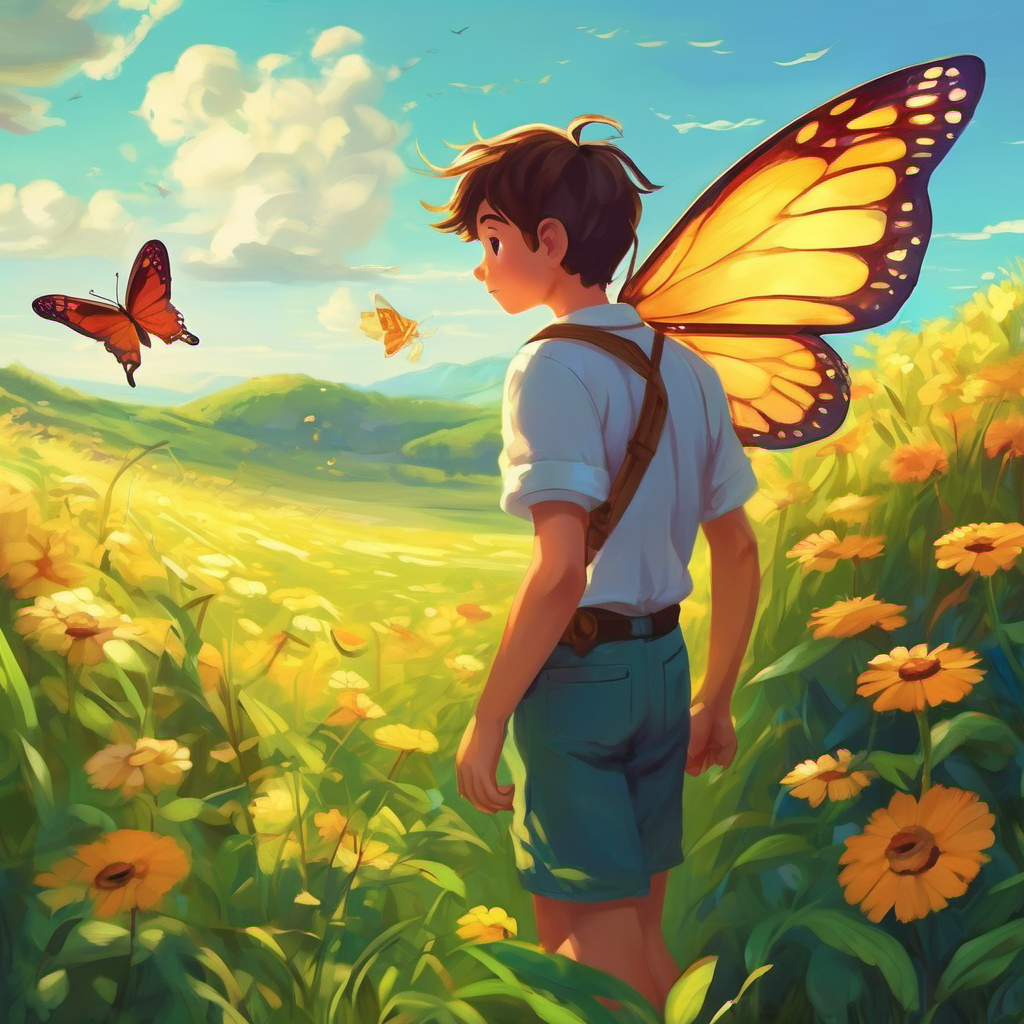 One sunny morning, as the meadow awoke from its slumber, Charlie felt an incredible sensation. He could feel his body shifting and changing. His heart fluttered with excitement as he realized that his time as a caterpillar was coming to an end. With great anticipation, Charlie slowly broke free from his cocoon, spreading his brand-new wings. He beamed with delight, for he had transformed into a stunning butterfly. His wings were a breathtaking blend of vibrant colors, and he felt lighter than ever before.