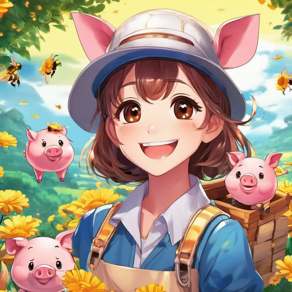 Happy girl, tan skin, brown eyes, always smiling and Cheerful pig, pink skin, big round eyes, friendly smile excitedly plan to earn money by beekeeping.
