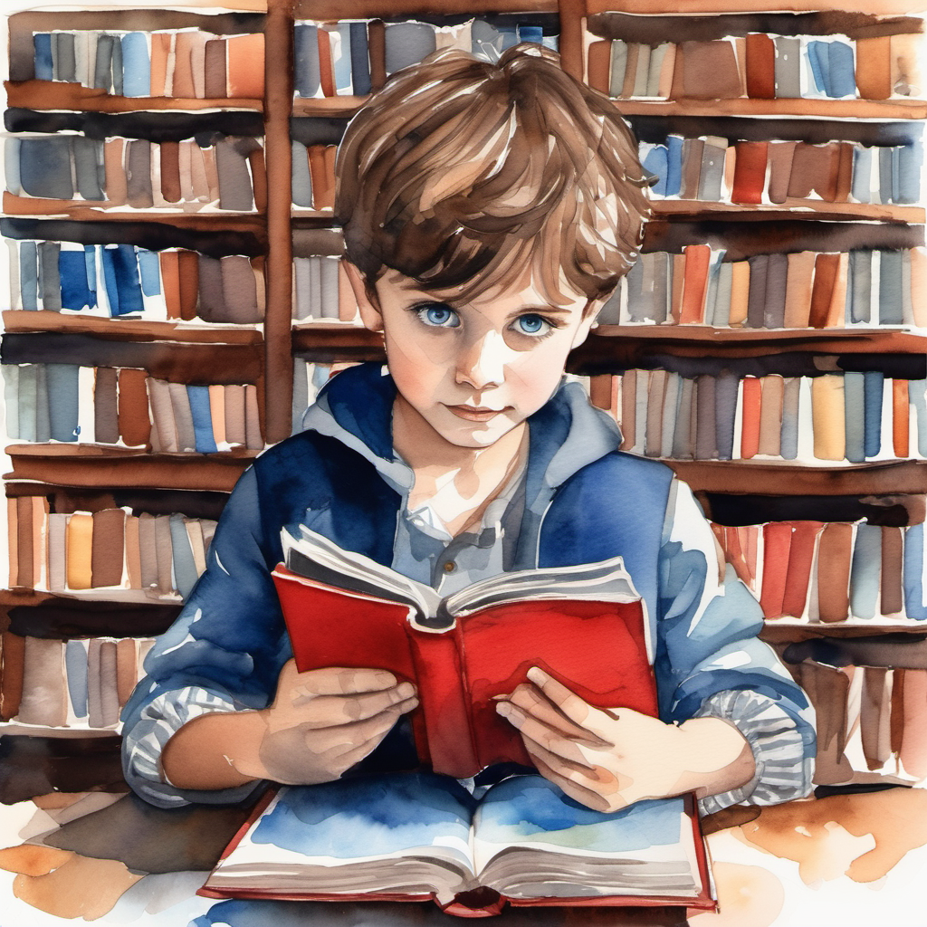 Young Curious boy with messy brown hair and bright blue eyes exploring the Oxford library, finding the Red Book of Westmarch