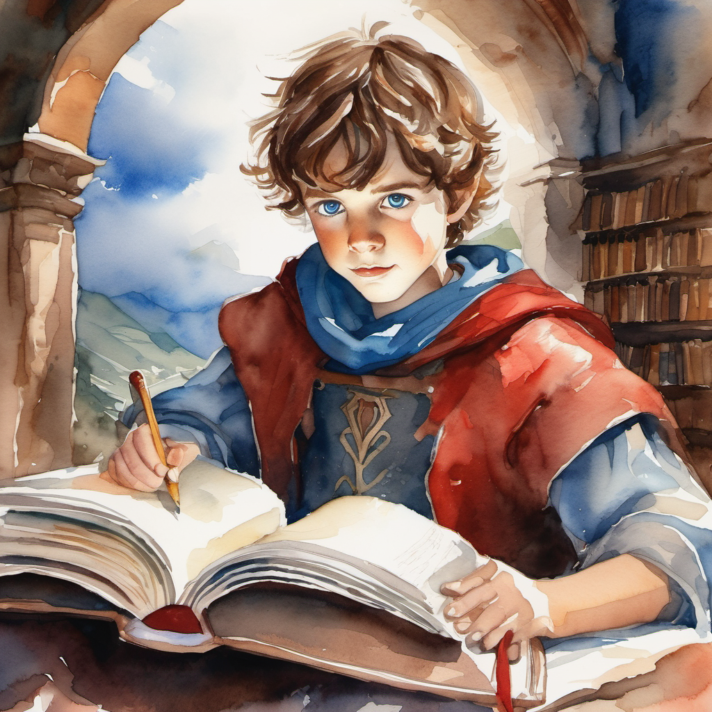 Curious boy with messy brown hair and bright blue eyes opening the Red Book of Westmarch, Middle-earth stories coming to life