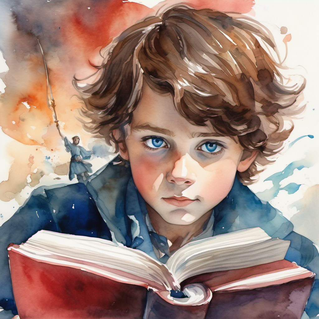 Curious boy with messy brown hair and bright blue eyes determinedly reading the Red Book of Westmarch, ideas swirling around him