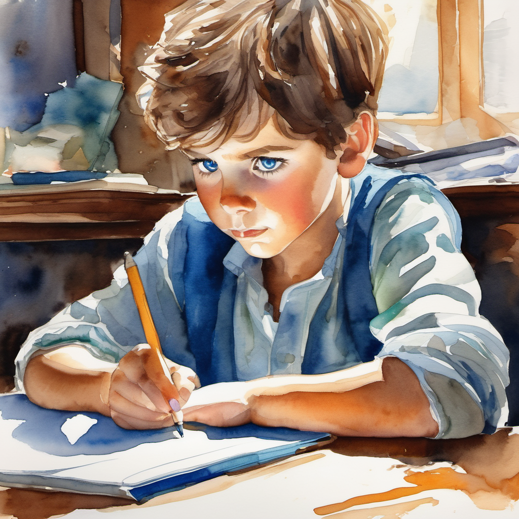 Curious boy with messy brown hair and bright blue eyes writing at his desk, determination shining in his eyes