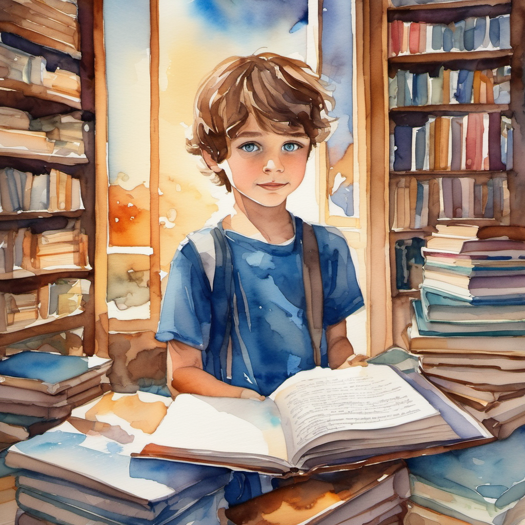 Curious boy with messy brown hair and bright blue eyes surrounded by books and imagination, his legacy shining bright