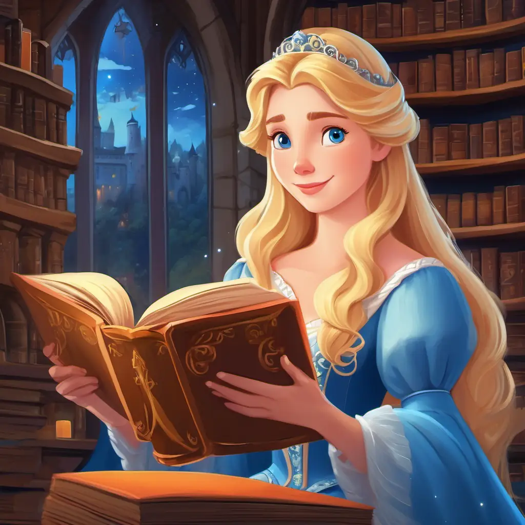 Page 1: The story begins in a castle library where Princess Princess Aurora: blonde hair, blue eyes, wearing a royal gown discovers a magical book.