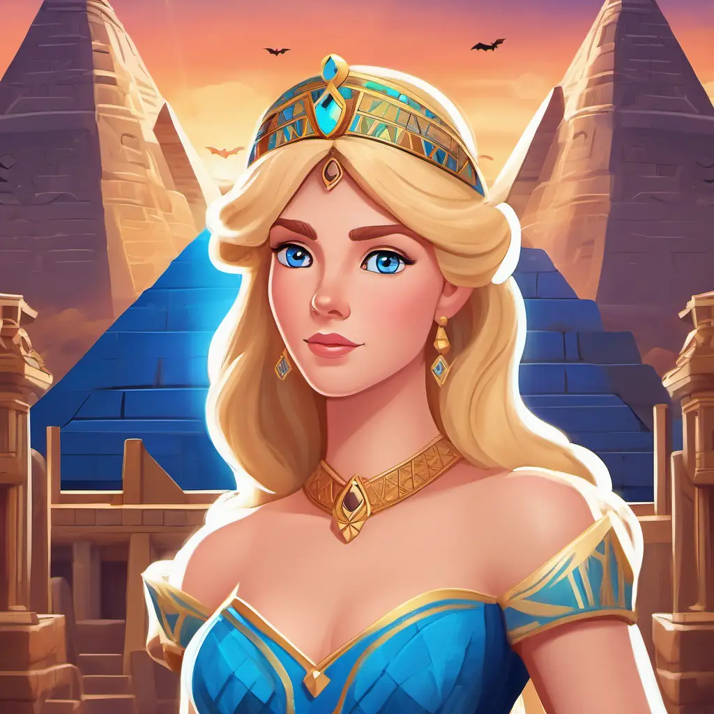 Page 2: Princess Princess Aurora: blonde hair, blue eyes, wearing a royal gown travels to Ancient Egypt and learns about their civilization and pyramids.