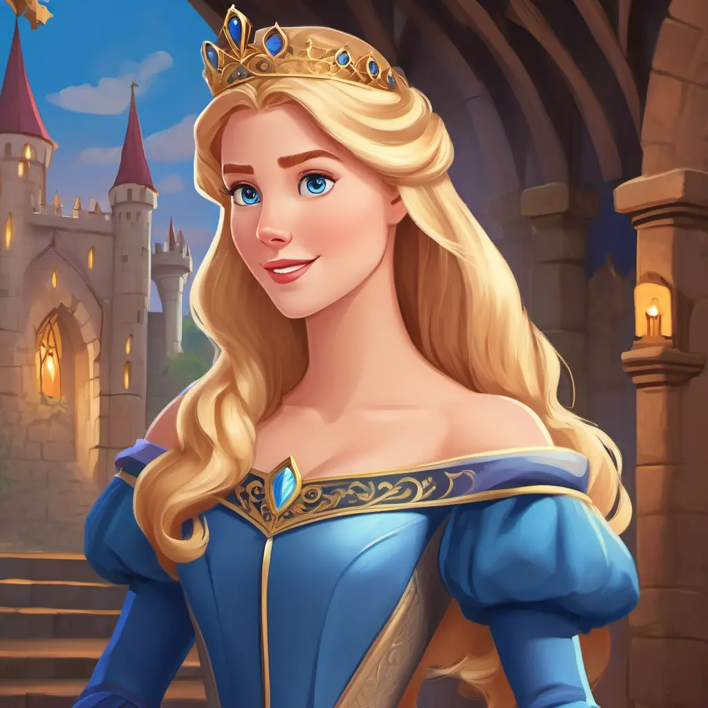 Page 3: Princess Princess Aurora: blonde hair, blue eyes, wearing a royal gown visits medieval times, meets knights, and learns about chivalry.