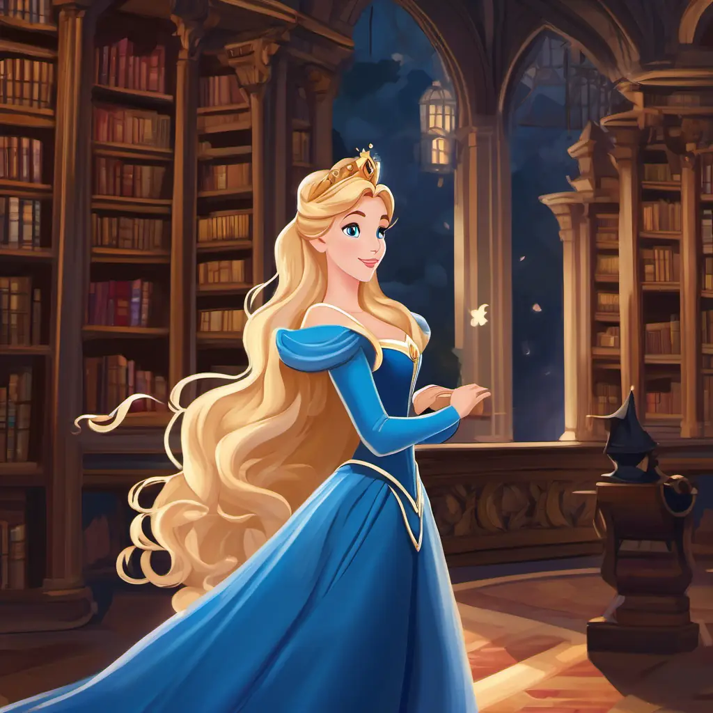 Page 5: Princess Princess Aurora: blonde hair, blue eyes, wearing a royal gown returns to the castle library, reflecting on her historical adventures.