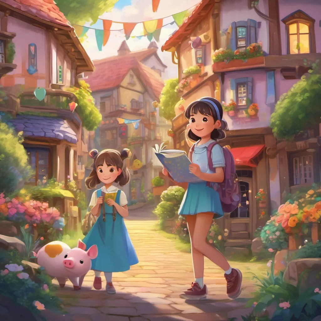 Draw a whimsical, colorful town with a joyful girl named a joyful girl with pigtails, wearing colorful clothes, and always carrying her sparkly diary holding a sparkly diary.