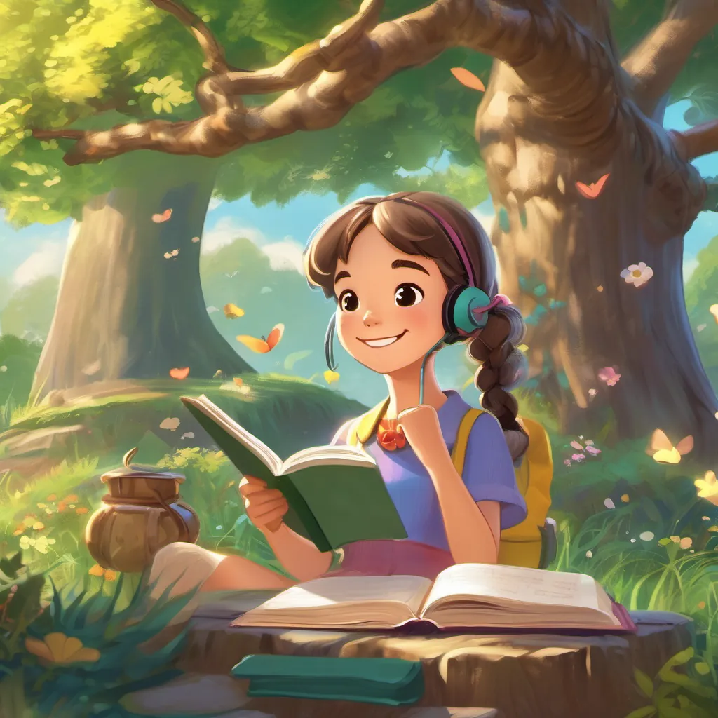 Illustrate a joyful girl with pigtails, wearing colorful clothes, and always carrying her sparkly diary sitting under a tree with her open diary, looking happy as she writes.