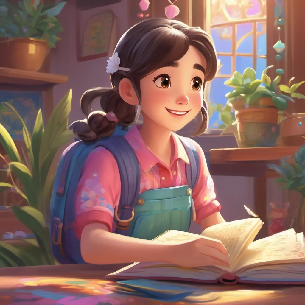 Show a joyful girl with pigtails, wearing colorful clothes, and always carrying her sparkly diary sitting comfortably, starting a new entry in her magical diary, with a joyful expression.