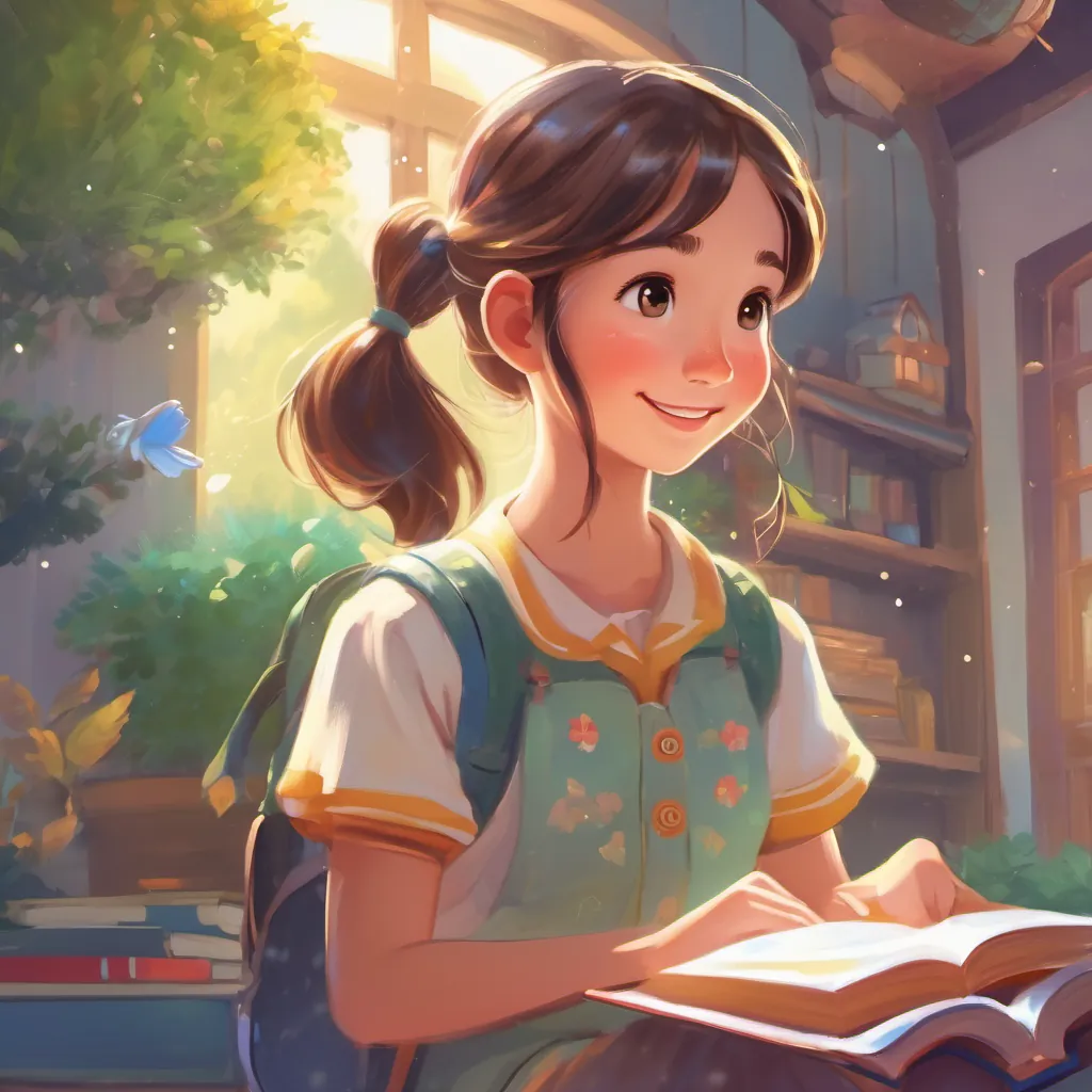 Illustrate a joyful girl with pigtails, wearing colorful clothes, and always carrying her sparkly diary hugging her diary warmly, with a magical glow emanating from it.