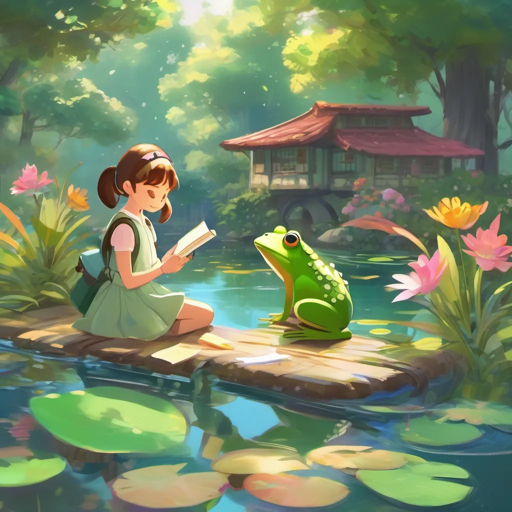 Show a pond with playful frogs and a tree with swaying leaves, while a joyful girl with pigtails, wearing colorful clothes, and always carrying her sparkly diary writes in her diary using a crayon.