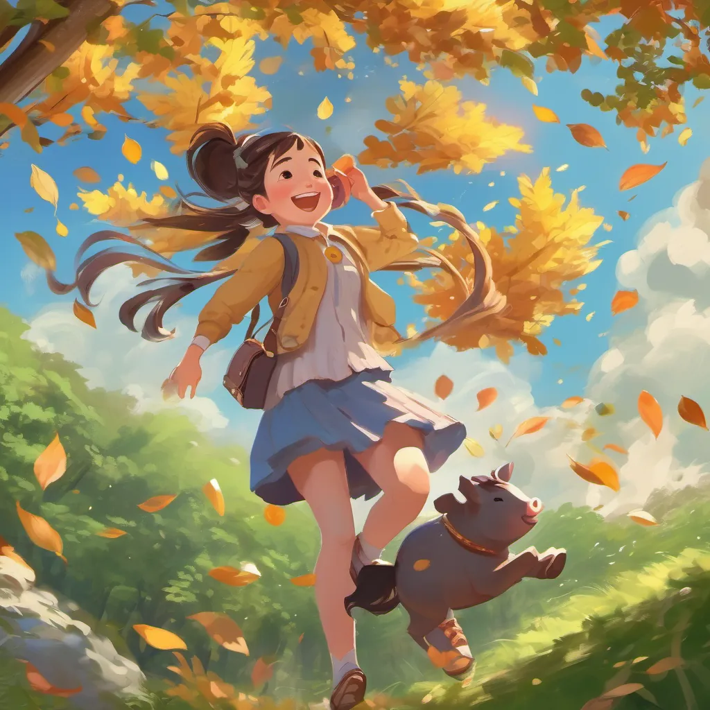 Illustrate whimsical gusts of wind dancing with leaves while a joyful girl with pigtails, wearing colorful clothes, and always carrying her sparkly diary watches in amusement.