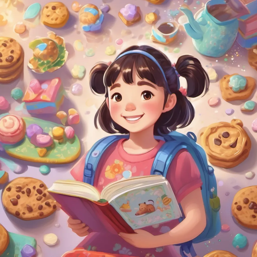 Show pages of a joyful girl with pigtails, wearing colorful clothes, and always carrying her sparkly diary's diary with illustrations of cookies, dreams, and laughter.