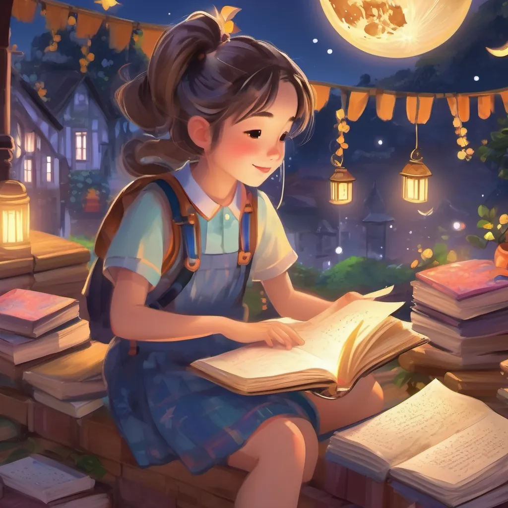 Draw a night scene with the moon glowing, while a joyful girl with pigtails, wearing colorful clothes, and always carrying her sparkly diary's diary pages show magical scenes gleaming.