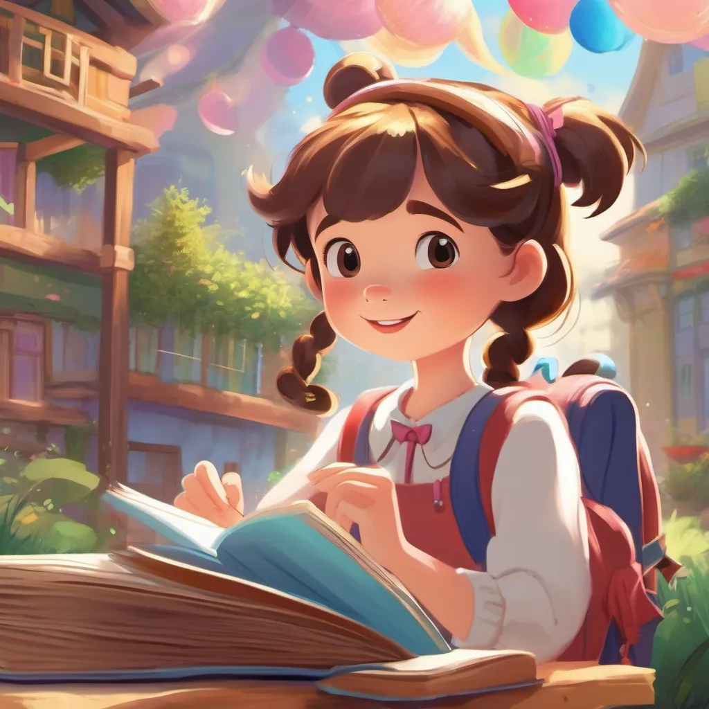 Illustrate a joyful girl with pigtails, wearing colorful clothes, and always carrying her sparkly diary discovering her diary glowing with magical energy on a sunny day.
