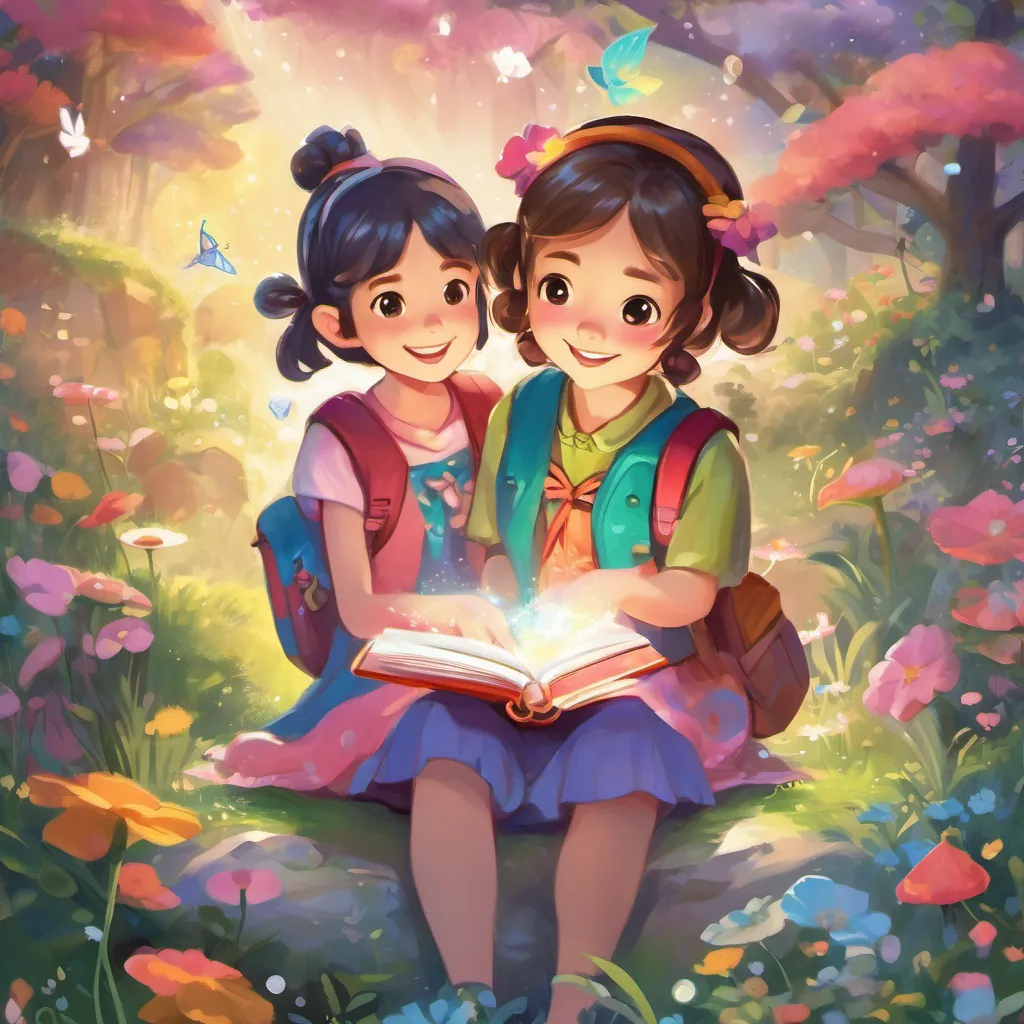 Depict a small, bright fairy emerging from a joyful girl with pigtails, wearing colorful clothes, and always carrying her sparkly diary's magical diary, with a joyful girl with pigtails, wearing colorful clothes, and always carrying her sparkly diary looking amazed.