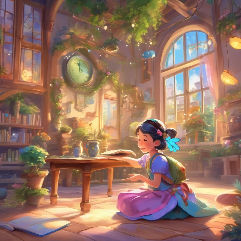 Show the fairy bowing and twirling gracefully, while a joyful girl with pigtails, wearing colorful clothes, and always carrying her sparkly diary watches in wonder.